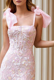 Candy Pink Mermaid Corset Embroidered Bowed Long Prom Dress with Slit