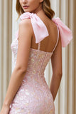 Candy Pink Mermaid Corset Embroidered Bowed Long Prom Dress with Slit