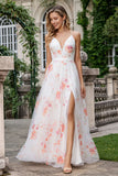 Ivory Pink Flower A Line Printed Long Prom Dress with Slit