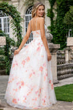 Ivory Pink Flower A Line Printed Long Prom Dress with Slit