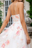 Ivory Pink Flower A Line Printed Long Prom Dress with Slit