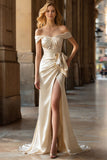 Off the Shoulder Champagne Mermaid Ruched Bow Prom Dress with Slit