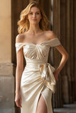 Off the Shoulder Champagne Mermaid Ruched Bow Prom Dress with Slit