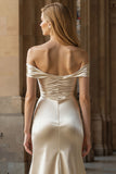 Off the Shoulder Champagne Mermaid Ruched Bow Prom Dress with Slit