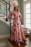Dusty Rose Floral Printed A Line V Neck Long Mother of the Bride Dress