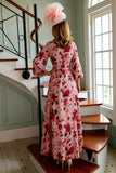 Dusty Rose Floral Printed A Line V Neck Long Mother of the Bride Dress