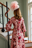 Dusty Rose Floral Printed A Line V Neck Long Mother of the Bride Dress