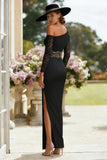 Black One Shoulder Sheath Lace Long Sleeve Mother of the Bride Dress with Slit