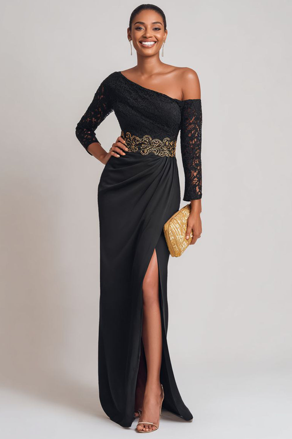 WEDTREND Women Black One Shoulder Mother of the Bride Dress Sheath Lace Long Sleeve Wedding Guest Dress with Slit, Black / US16W