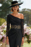 Black One Shoulder Sheath Lace Long Sleeve Mother of the Bride Dress with Slit