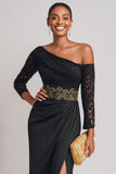 Black One Shoulder Sheath Lace Long Sleeve Mother of the Bride Dress with Slit