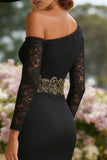 Black One Shoulder Sheath Lace Long Sleeve Mother of the Bride Dress with Slit