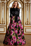 Fuchsia Floral A Line Long Mother of the Bride Dress with 3/4 Sleeves
