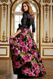 Fuchsia Floral A Line Long Mother of the Bride Dress with 3/4 Sleeves