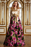 Fuchsia Floral A Line Long Mother of the Bride Dress with 3/4 Sleeves