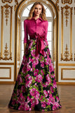 Fuchsia Floral A Line Long Mother of the Bride Dress with 3/4 Sleeves