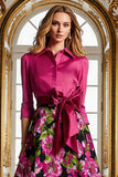 Fuchsia Floral A Line Long Mother of the Bride Dress with 3/4 Sleeves
