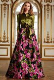 Fuchsia Floral A Line Long Mother of the Bride Dress with 3/4 Sleeves