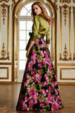 Fuchsia Floral A Line Long Mother of the Bride Dress with 3/4 Sleeves