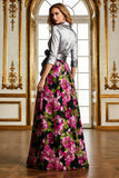 Fuchsia Floral A Line Long Mother of the Bride Dress with 3/4 Sleeves