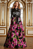 Fuchsia Floral A Line Long Mother of the Bride Dress with 3/4 Sleeves
