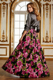 Fuchsia Floral A Line Long Mother of the Bride Dress with 3/4 Sleeves