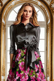 Fuchsia Floral A Line Long Mother of the Bride Dress with 3/4 Sleeves