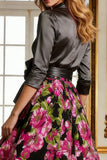 Fuchsia Floral A Line Long Mother of the Bride Dress with 3/4 Sleeves
