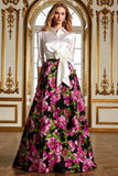Fuchsia Floral A Line Long Mother of the Bride Dress with 3/4 Sleeves
