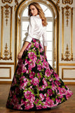 Fuchsia Floral A Line Long Mother of the Bride Dress with 3/4 Sleeves