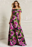 Off the Shoulder Black Floral A Line Printed Long Mother of the Bride Dress