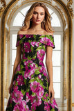Off the Shoulder Black Floral A Line Printed Long Mother of the Bride Dress