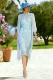 Light Blue Appliqued Lace 2 Piece Midi Mother of the Bride Dress with Capelet