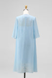 Light Blue Appliqued Lace 2 Piece Midi Mother of the Bride Dress with Capelet