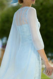 Light Blue Appliqued Lace 2 Piece Midi Mother of the Bride Dress with Capelet