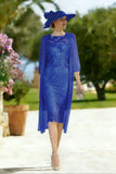 Light Blue Appliqued Lace 2 Piece Midi Mother of the Bride Dress with Capelet