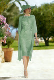 Light Blue Appliqued Lace 2 Piece Midi Mother of the Bride Dress with Capelet
