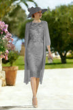 Light Blue Appliqued Lace 2 Piece Midi Mother of the Bride Dress with Capelet