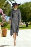 Light Blue Appliqued Lace 2 Piece Midi Mother of the Bride Dress with Capelet