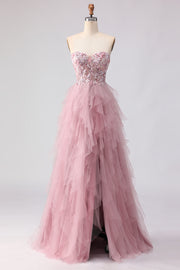 Strapless Pink A Line Beaded Ruffled Long Prom Dress with Slit