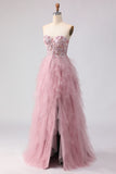 Strapless Pink A Line Beaded Ruffled Long Prom Dress with Slit