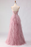 Strapless Pink A Line Beaded Ruffled Long Prom Dress with Slit