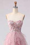 Strapless Pink A Line Beaded Ruffled Long Prom Dress with Slit