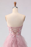 Strapless Pink A Line Beaded Ruffled Long Prom Dress with Slit