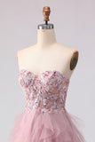 Strapless Pink A Line Beaded Ruffled Long Prom Dress with Slit