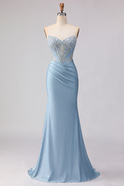 Sky Blue Sequin Strapless Mermaid Corset Long Prom Dress with Beading