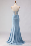 Sky Blue Sequin Strapless Mermaid Corset Long Prom Dress with Beading