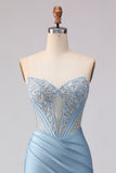 Sky Blue Sequin Strapless Mermaid Corset Long Prom Dress with Beading