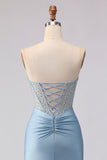 Sky Blue Sequin Strapless Mermaid Corset Long Prom Dress with Beading