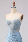 Sky Blue Sequin Strapless Mermaid Corset Long Prom Dress with Beading
